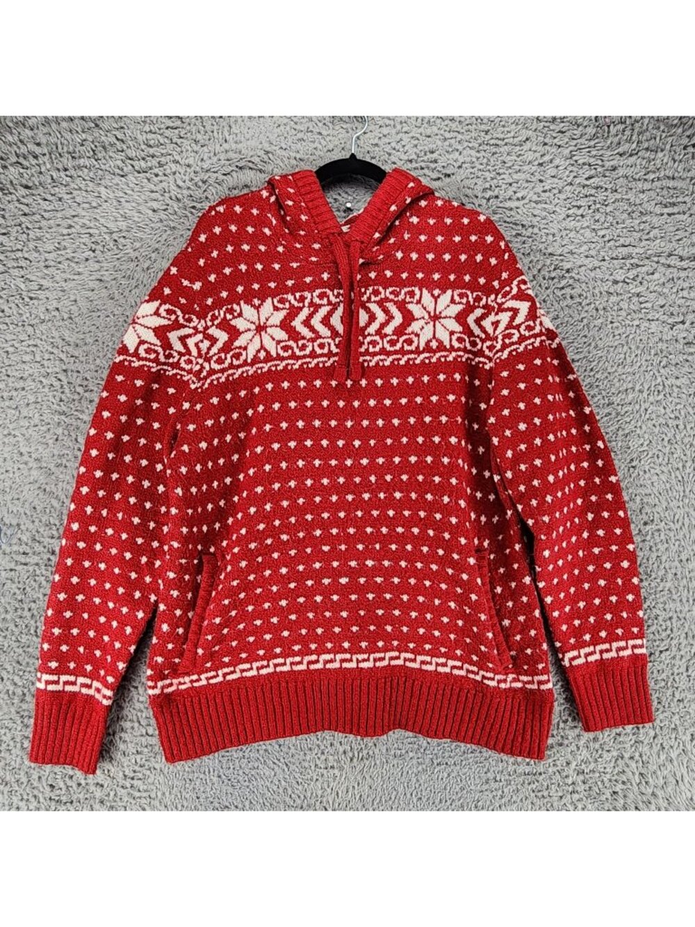AEO Sweater Mens Large Red Nordic Fair Isle Snowflake Hoodie